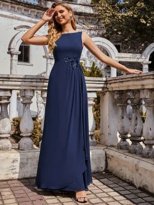 Flower Applique Sleeveless Floor-Length Pleated Formal Evening Dress