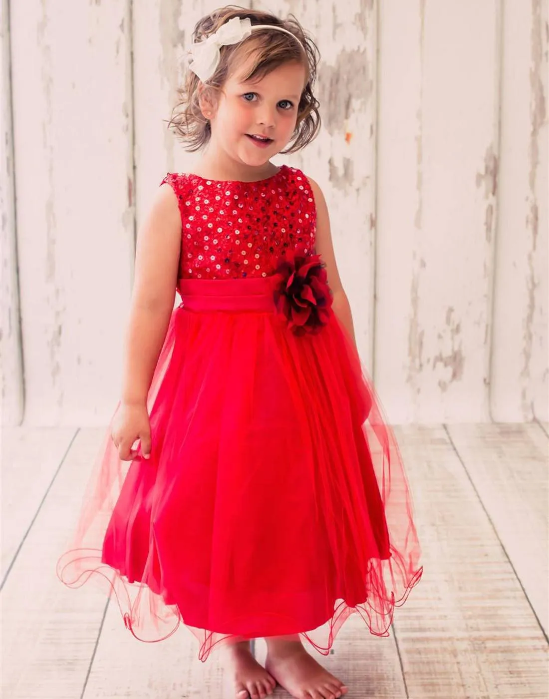 Glittery Sequined Bodice and Double Layered Mesh Dress - Red