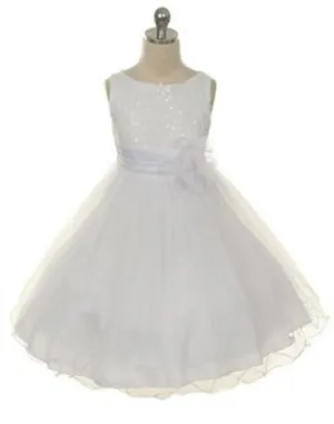 Glittery Sequined Bodice and Double Layered Mesh Dress - White