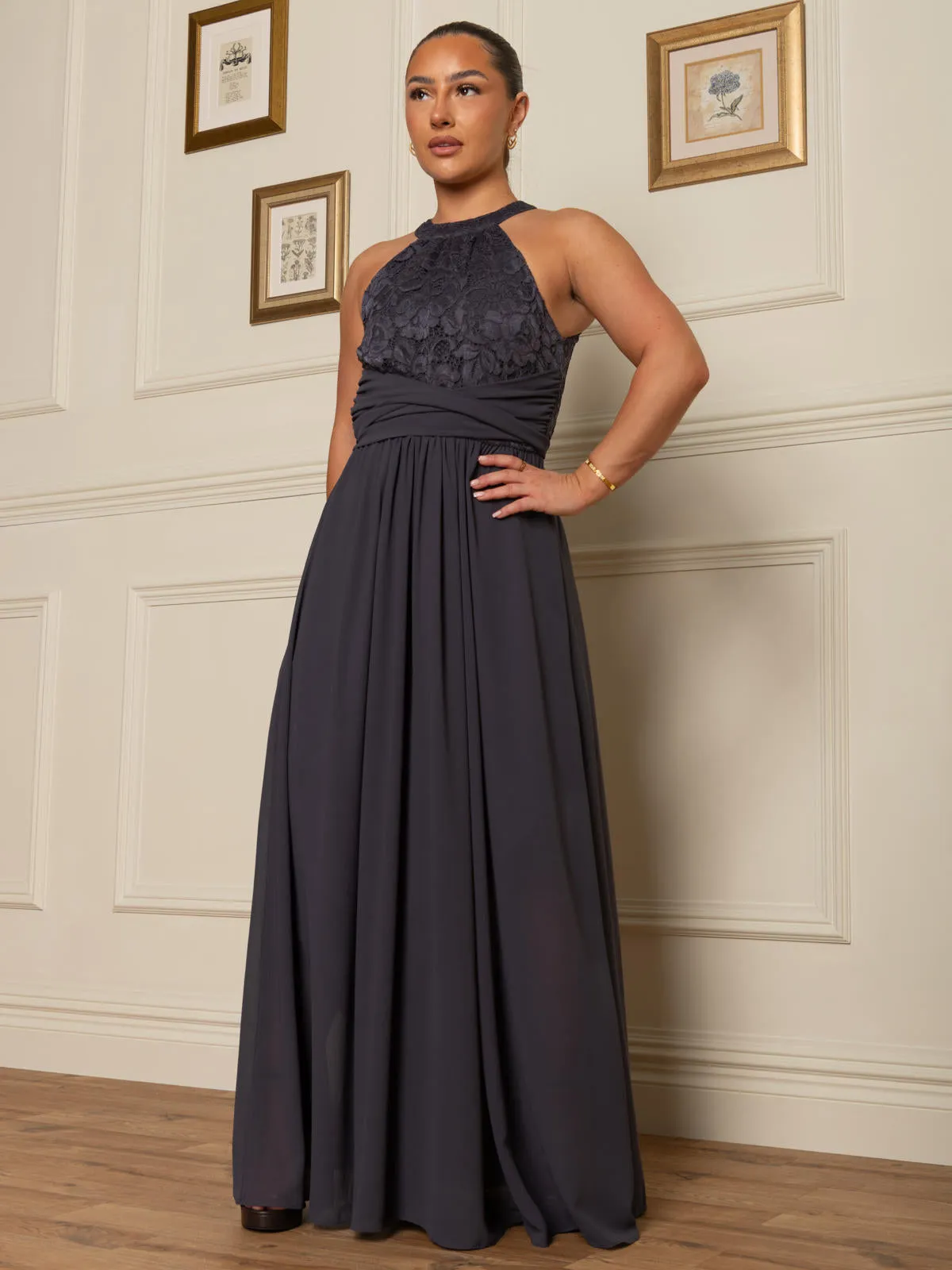 Halter Neck Lace Maxi Bridesmaid Dress, Dark Grey