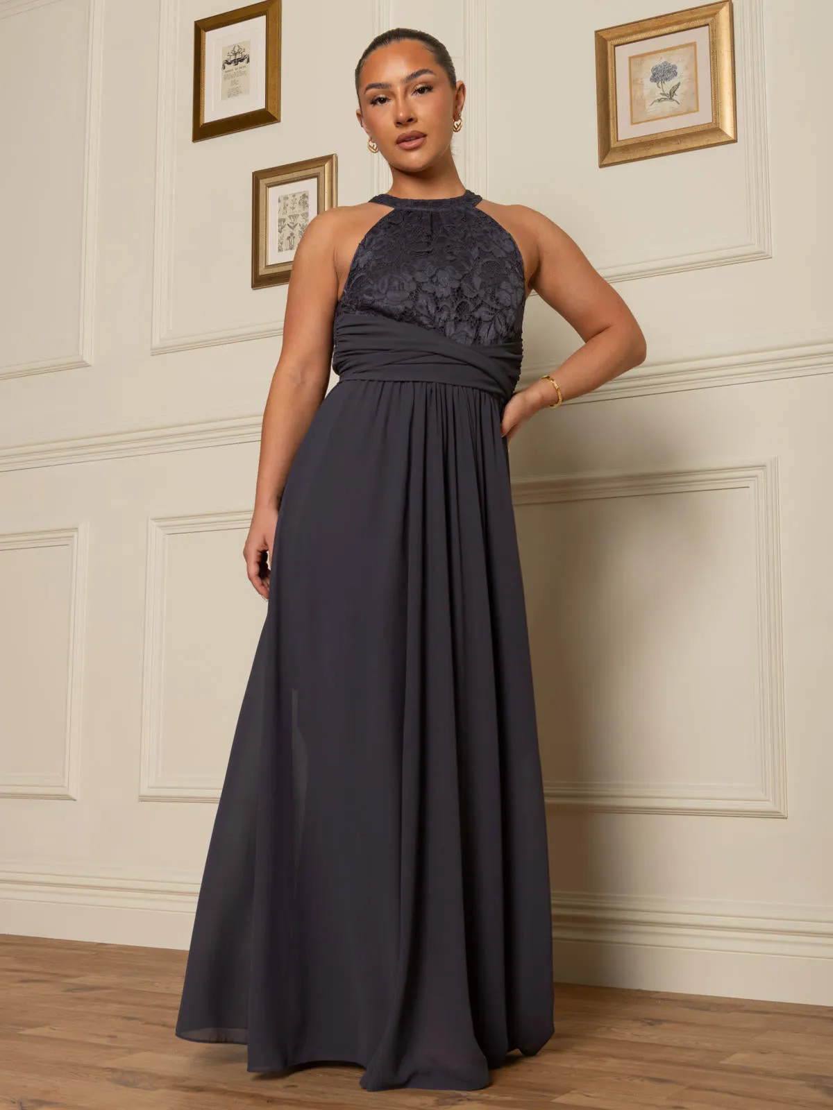 Halter Neck Lace Maxi Bridesmaid Dress, Dark Grey