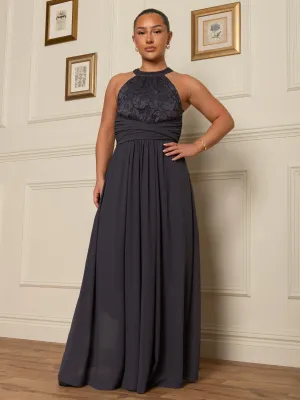 Halter Neck Lace Maxi Bridesmaid Dress, Dark Grey