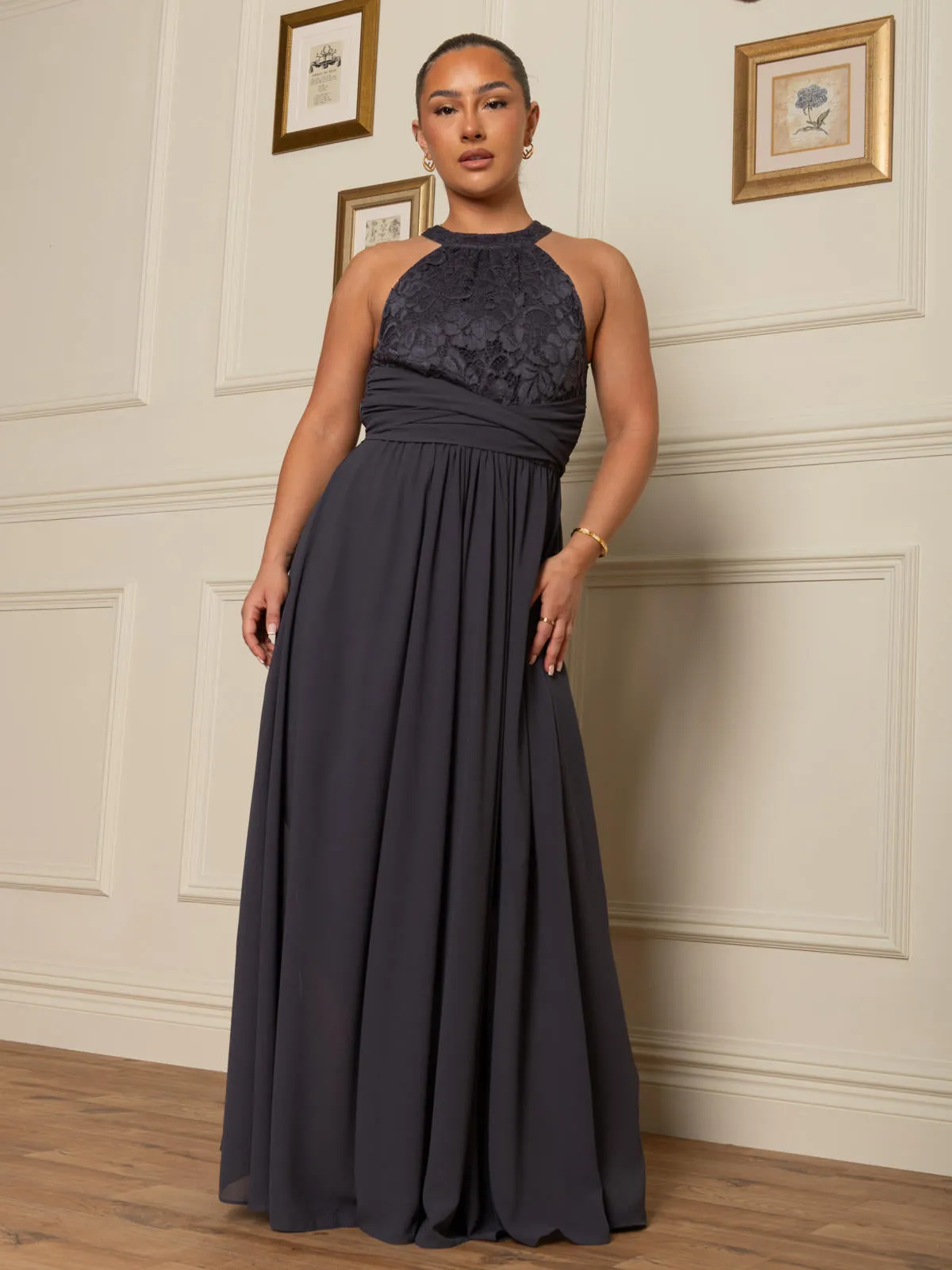 Halter Neck Lace Maxi Bridesmaid Dress, Dark Grey