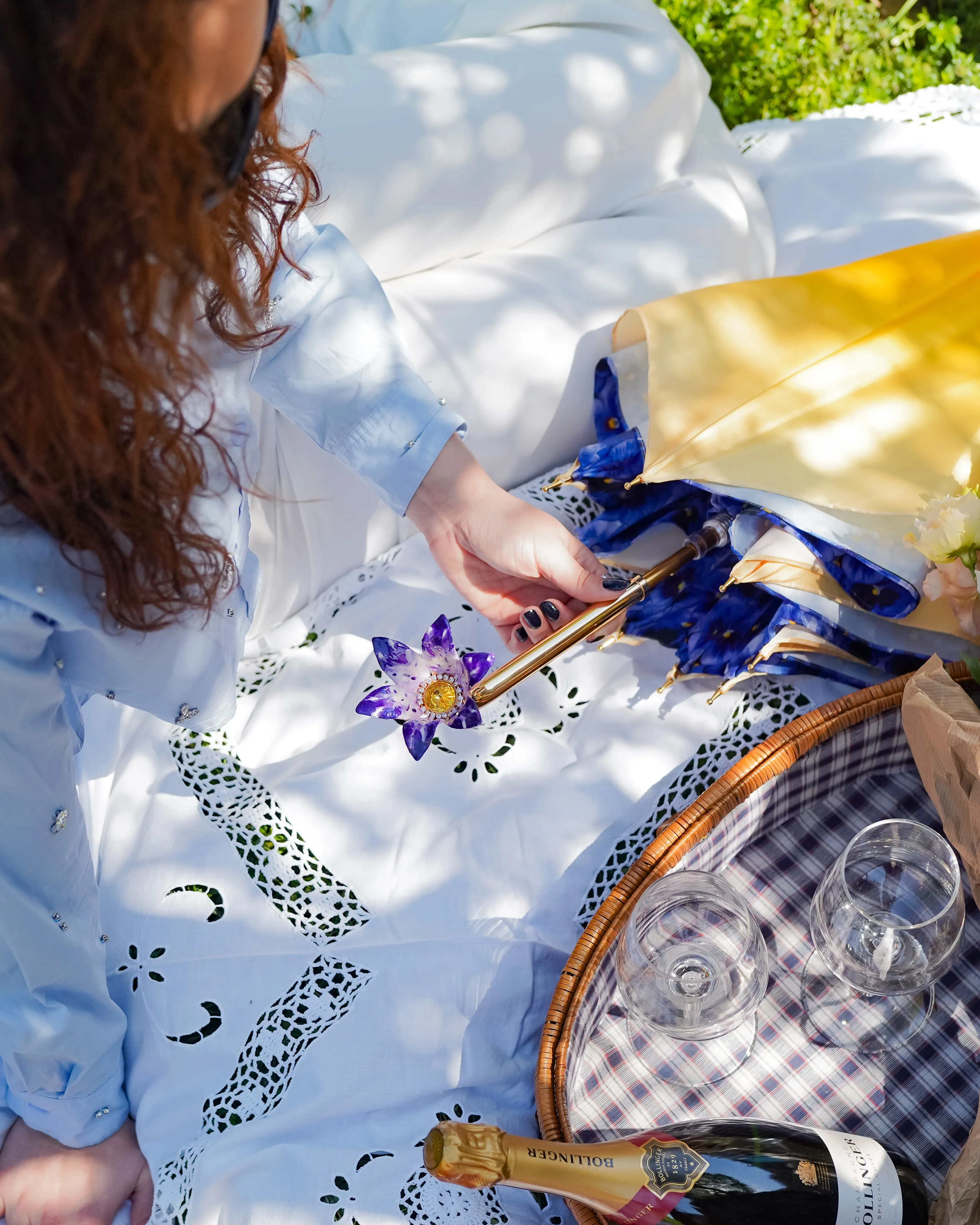 Handcrafted Umbrella with 24K Gold-Plated Hand-Painted Metal Flower Handle