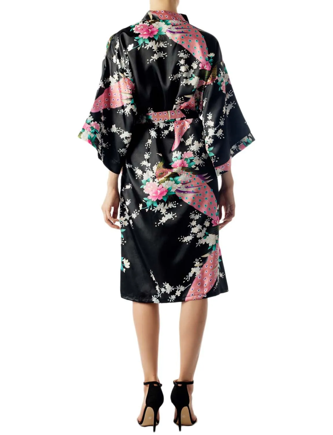 iB-iP Women's Peacock And Plum Blossom Fashion Japanese Kimono Style Midi Robe