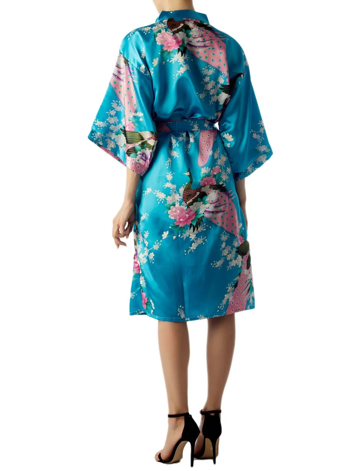 iB-iP Women's Peacock And Plum Blossom Fashion Japanese Kimono Style Midi Robe