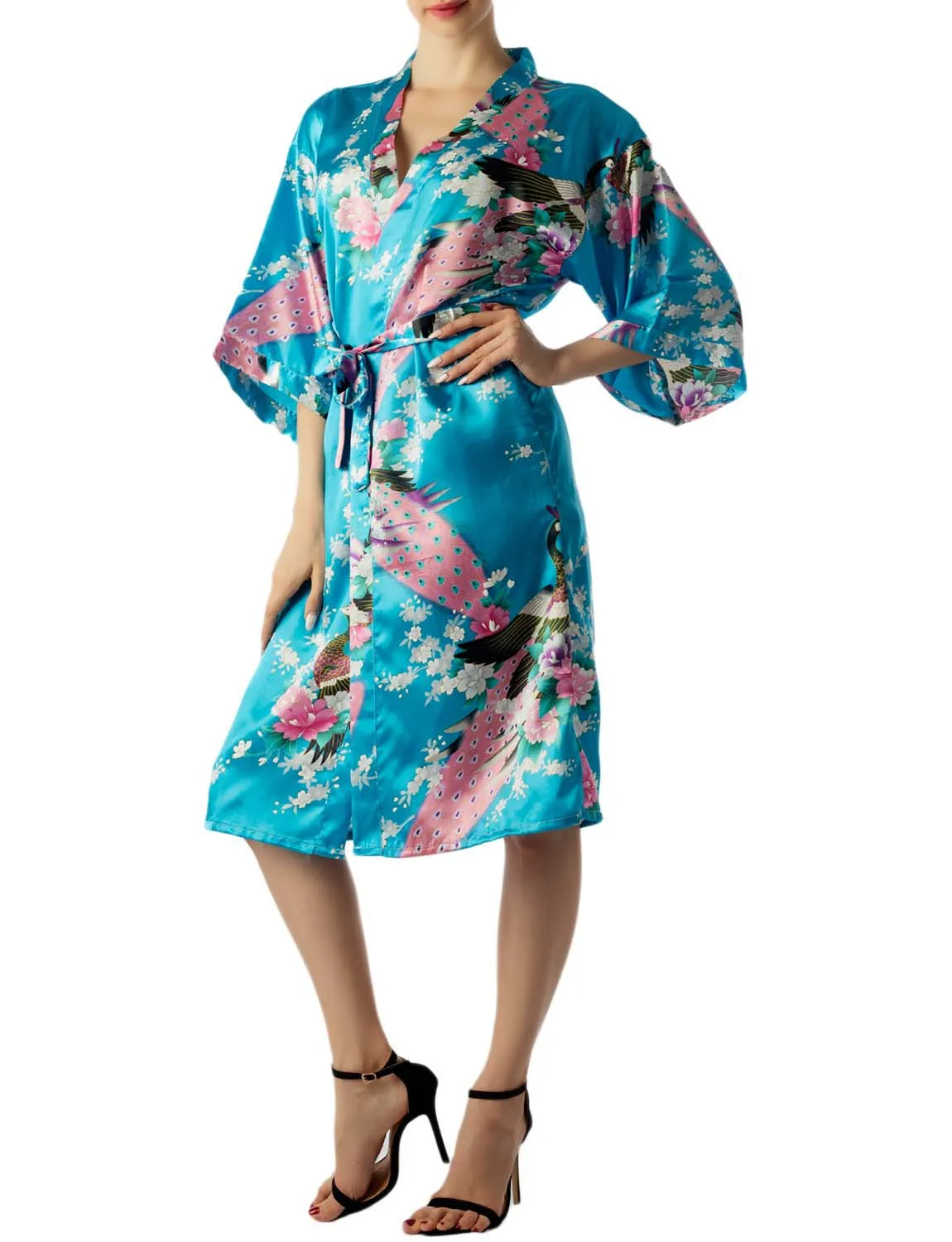 iB-iP Women's Peacock And Plum Blossom Fashion Japanese Kimono Style Midi Robe