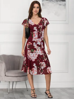 Jolie Moi Acela Floral Print Mesh Dress, Wine Floral