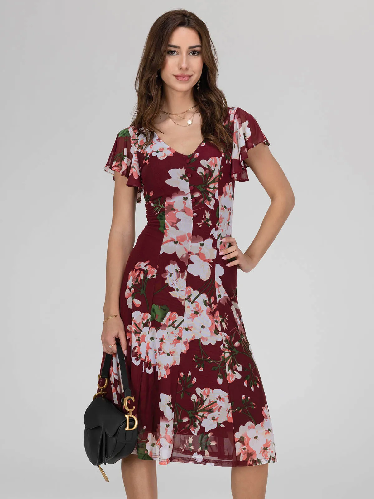 Jolie Moi Acela Floral Print Mesh Dress, Wine Floral