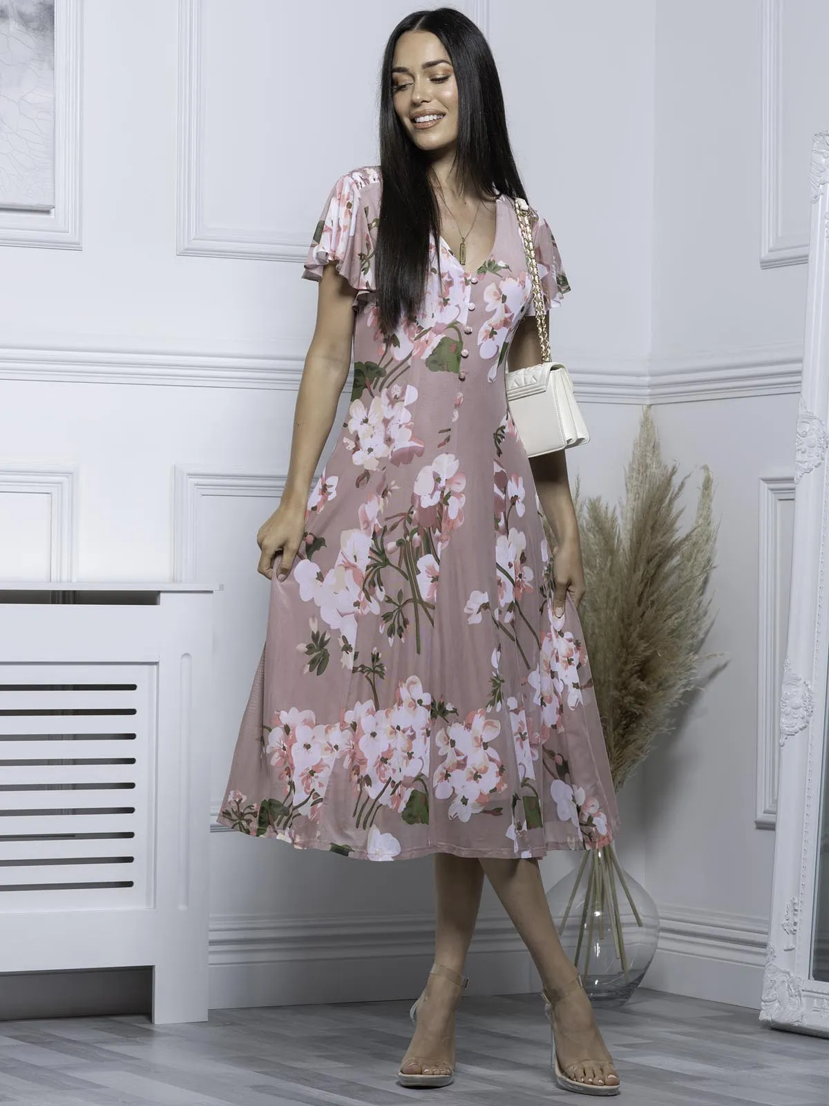 Jolie Moi Amia Floral Print Midi Dress, Pink Floral