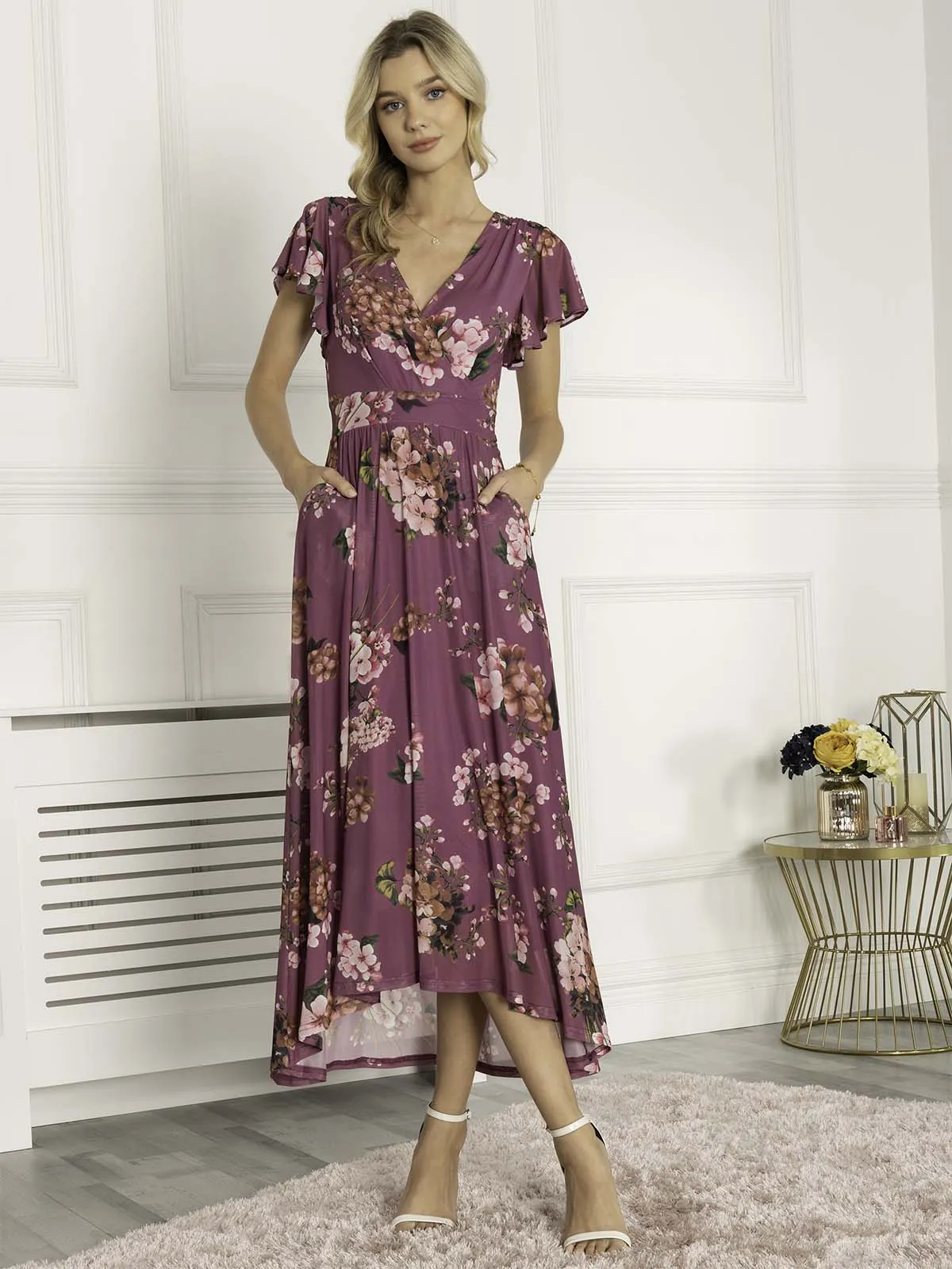 Jolie Moi Eliza Dip Hem Mesh Maxi Dress, Purple Floral