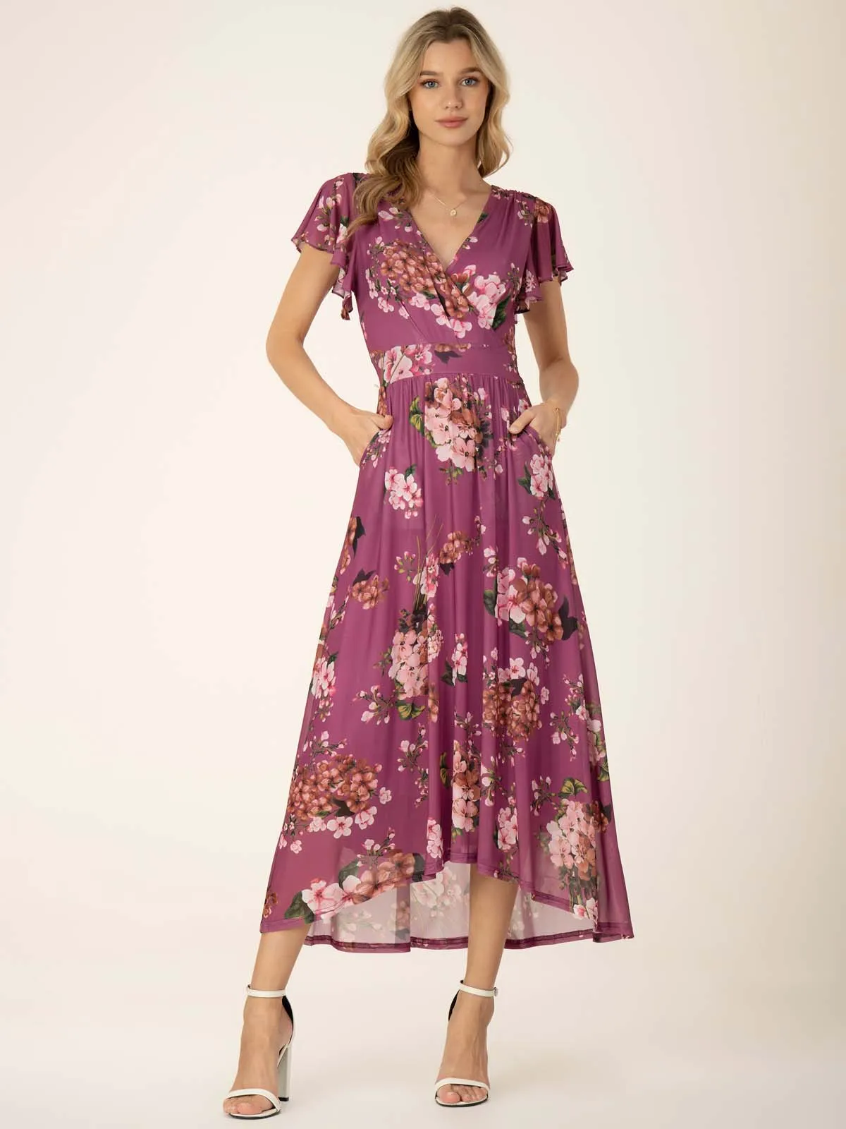 Jolie Moi Eliza Dip Hem Mesh Maxi Dress, Purple Floral