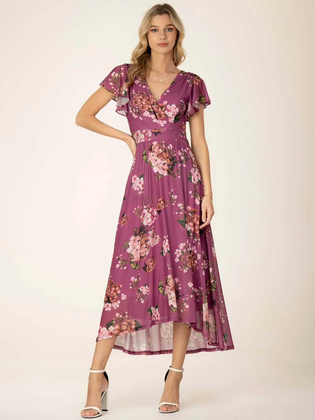 Jolie Moi Eliza Dip Hem Mesh Maxi Dress, Purple Floral