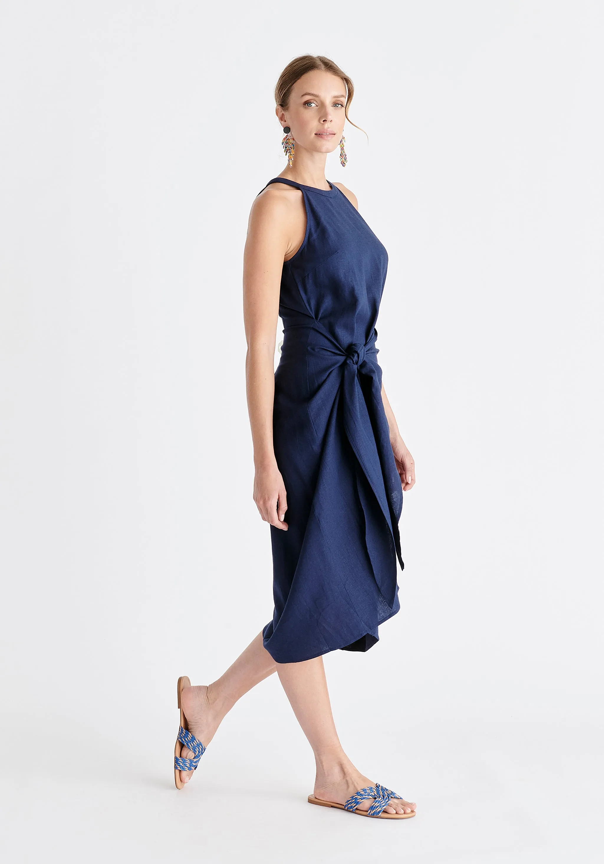 Linen Blend Waist Tie Dress