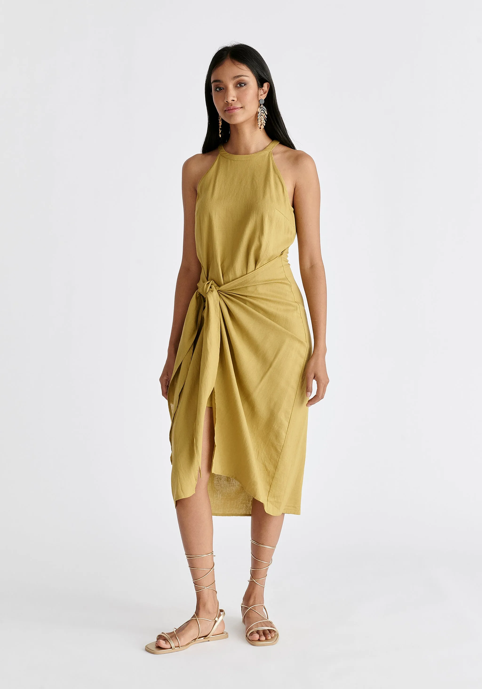 Linen Blend Waist Tie Dress