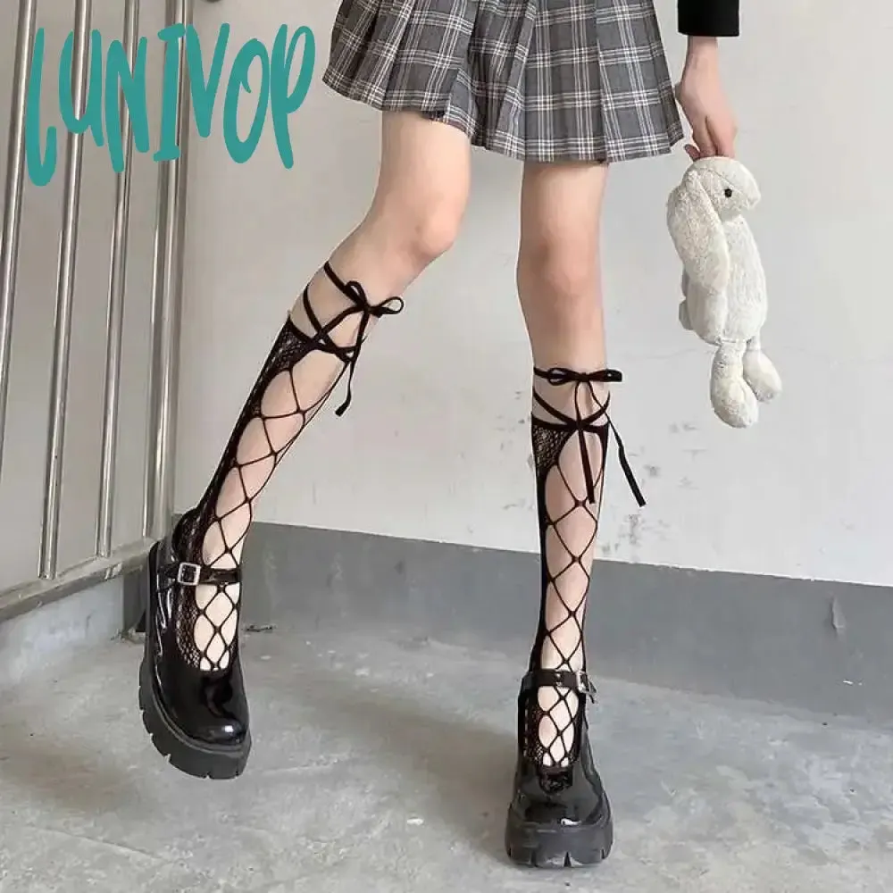 Lunivop Black Socks Women's Middle Tube Socks Jk Stockings Calf Straps Hollow Summer Crew Socks Sexy Long Tube Calf Japanese Ultra-thin