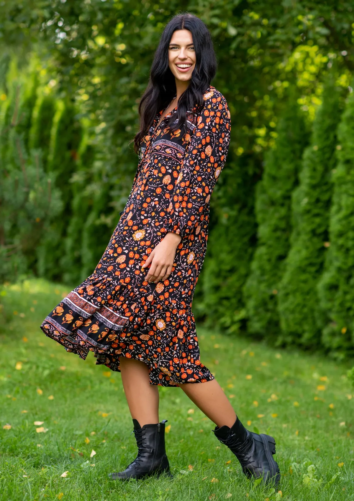 Melly Black Mustard Midi Dress