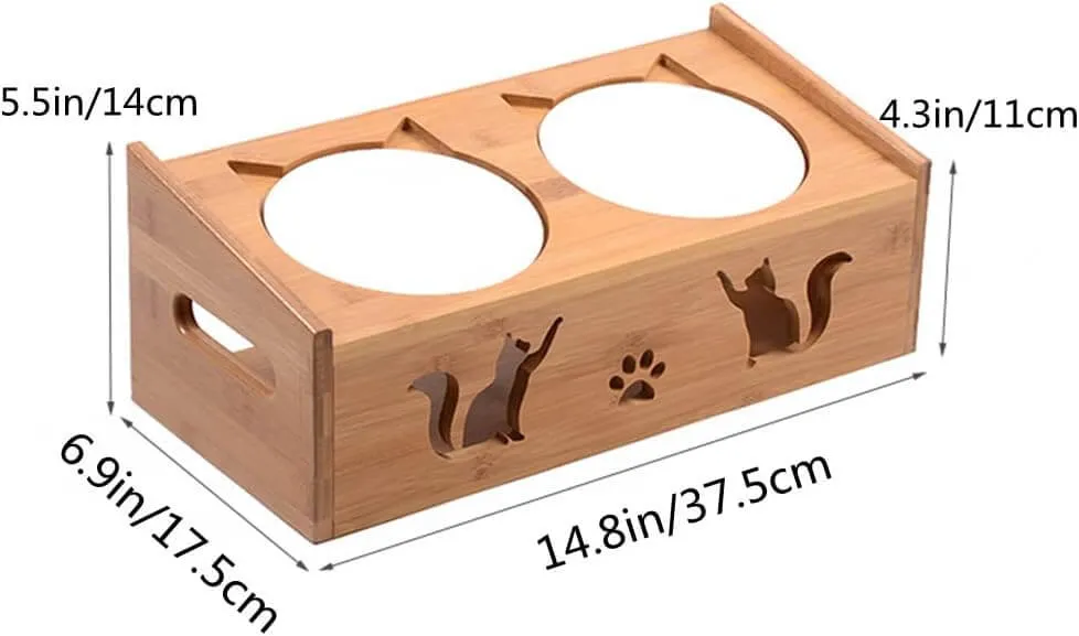 Minimalist Bamboo Double Bowl Elevated Ceramic Bowl for Small Dogs Cats