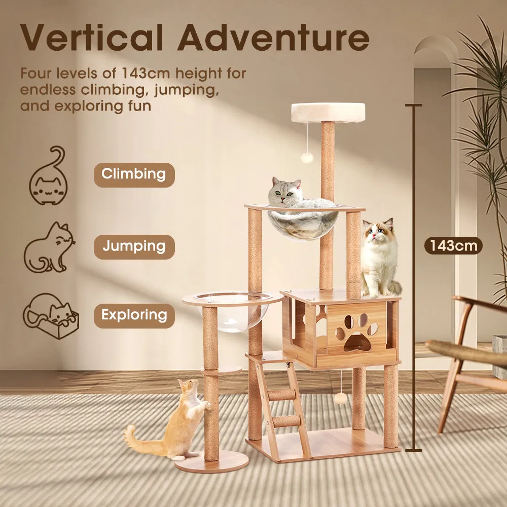 Petzly Wooden Cat Tree Tower Scratching Post Scratcher Condo House Bed 143/150cm