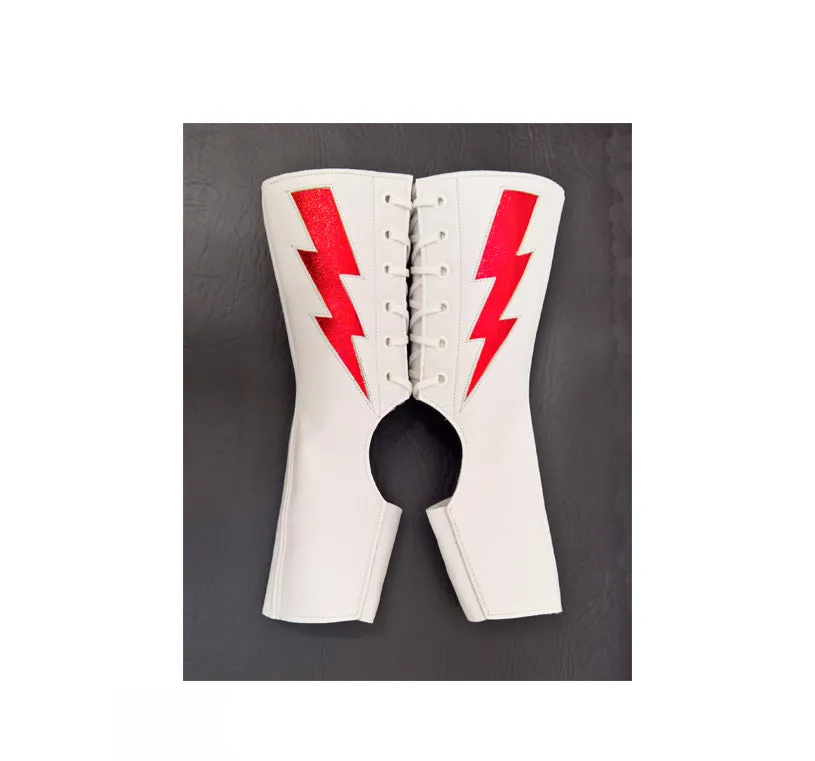 "Mini Ziggy" Short White Aerial boots w/ Red metallic Lightning Bolt