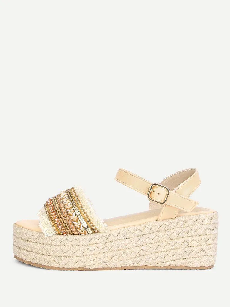 Raw Trim Wedge Sandals With Jewelry