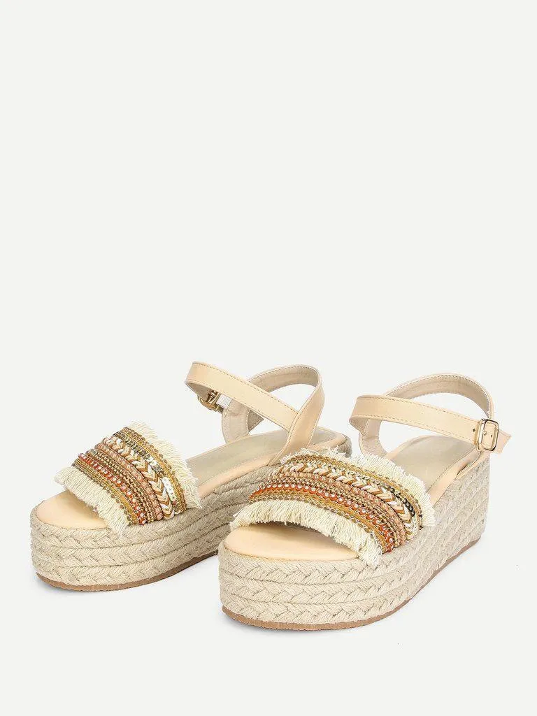 Raw Trim Wedge Sandals With Jewelry