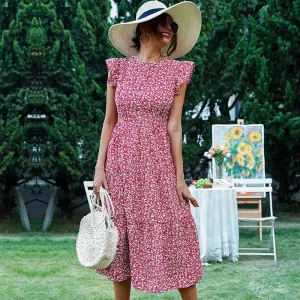 Retro Europe And America High Waist Round Neck Floral Dress