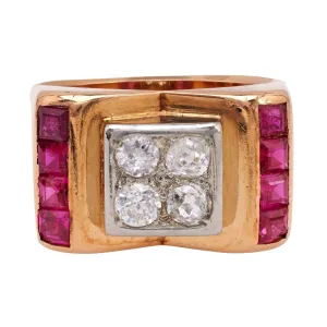 Retro French Diamond and Ruby 18k Two Tone Gold Tank Ring