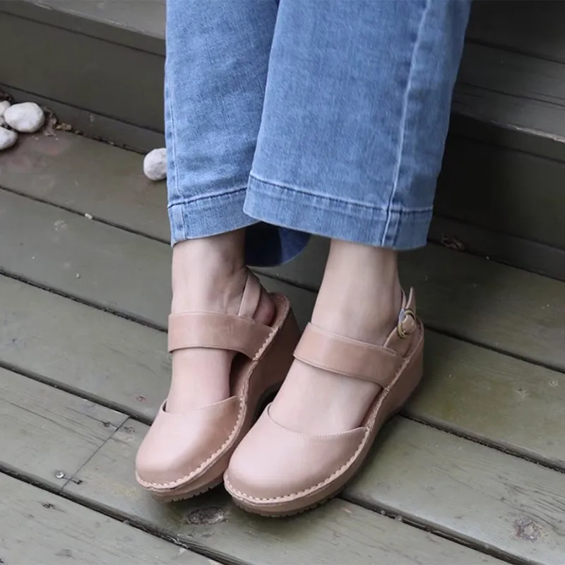 Retro Leather Ankle Strap Mary Jane Sandals Handmade in Apricot/Black