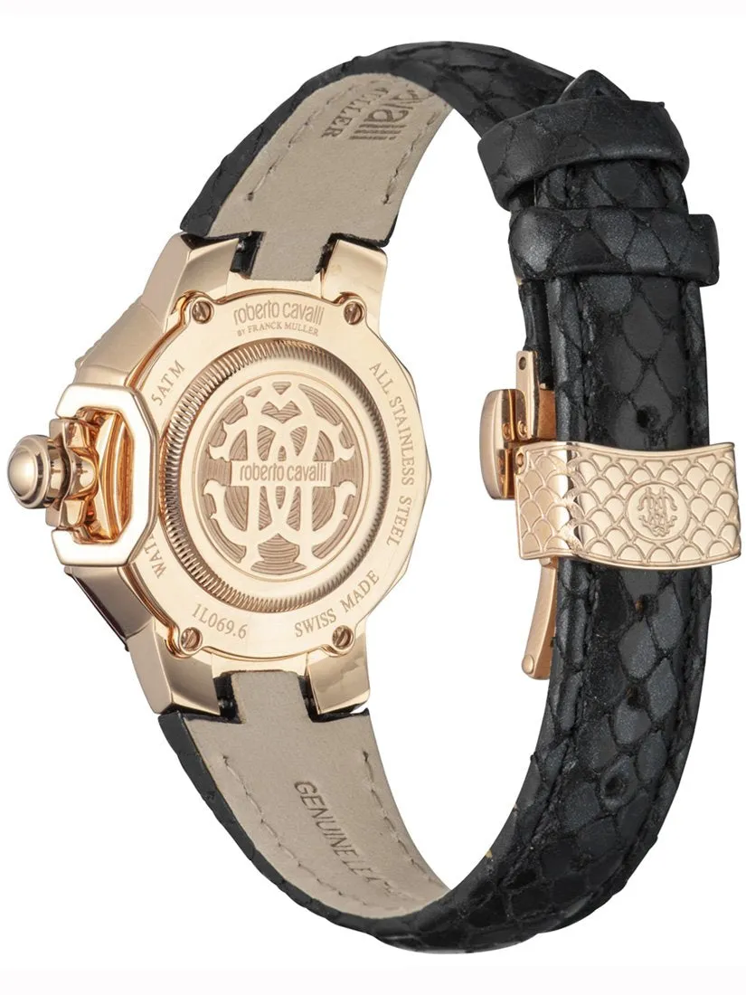 Roberto Cavalli SNAKE Womens Black Leather Rose Gold Watch RV1L069L0046