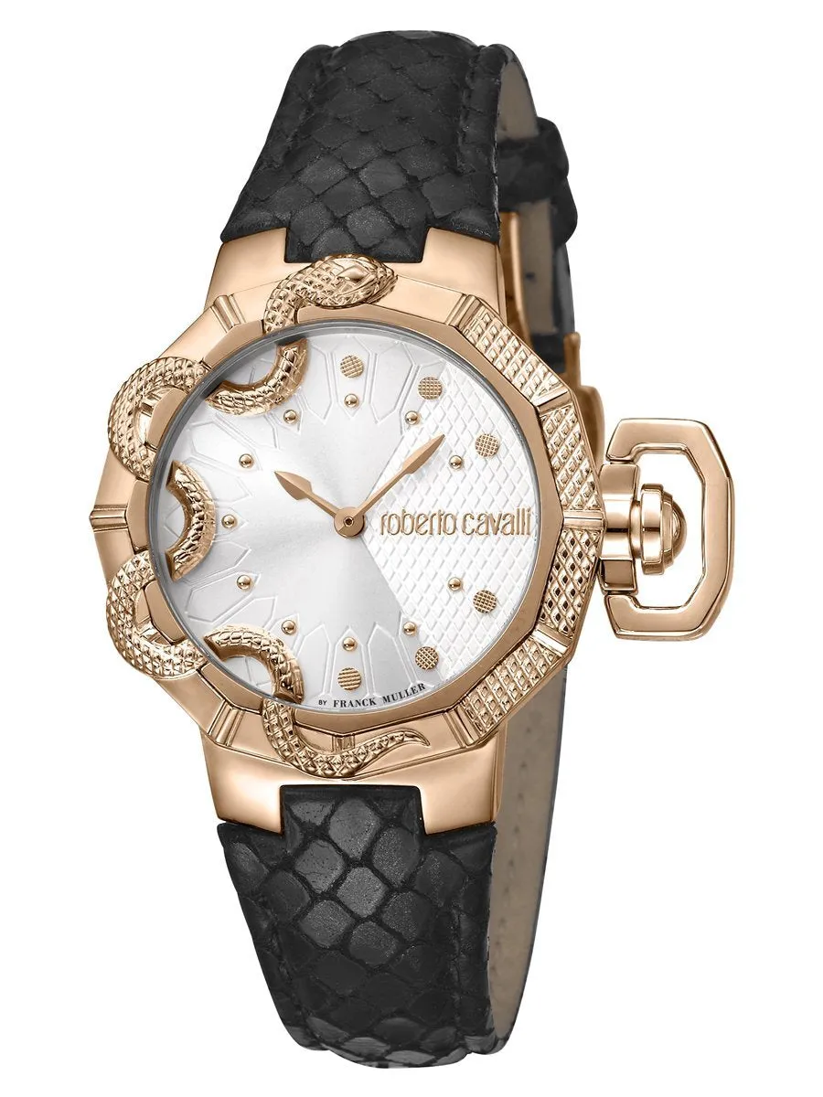 Roberto Cavalli SNAKE Womens Black Leather Rose Gold Watch RV1L069L0046