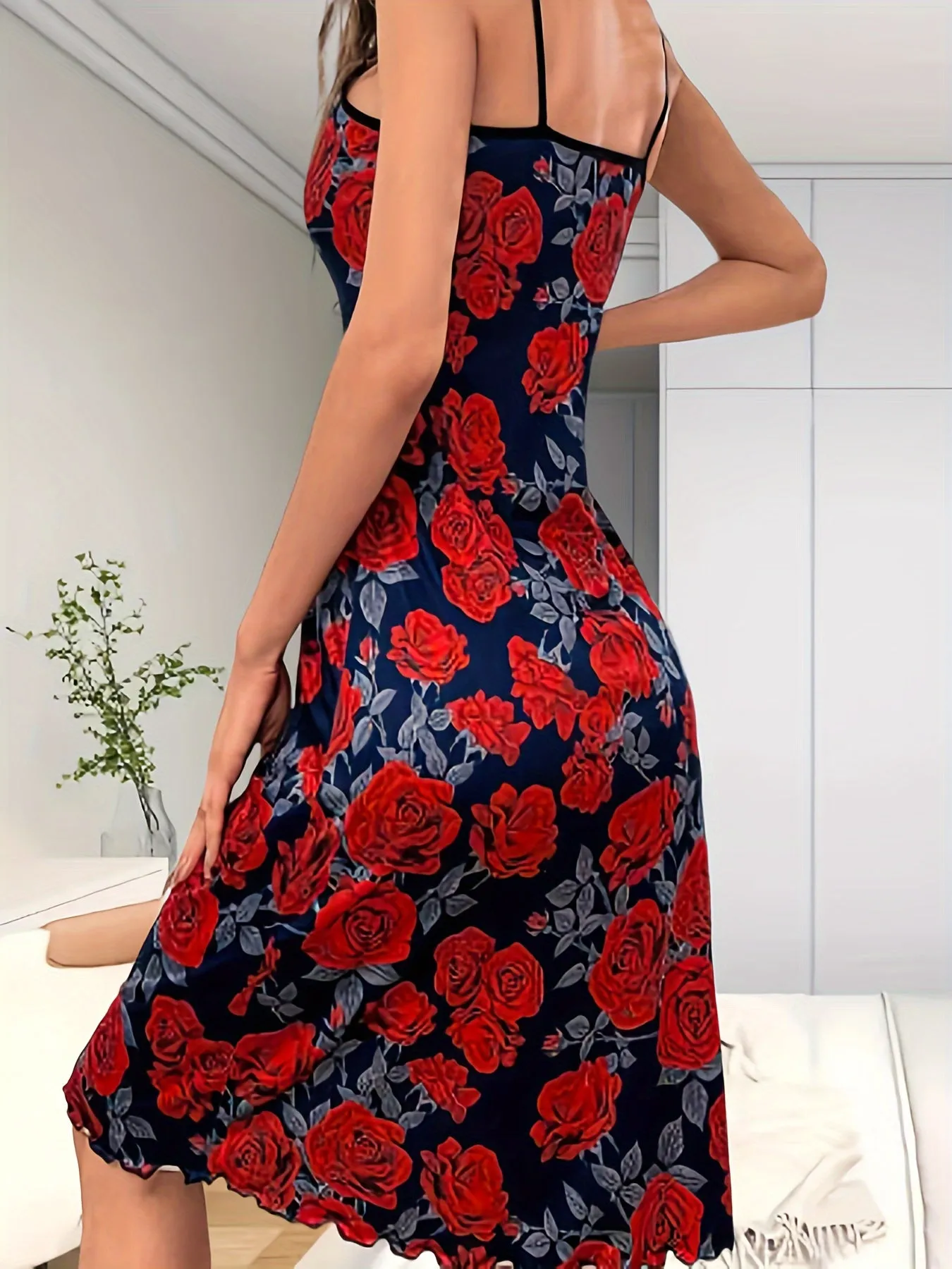 Rose Print Slip Nightdress Elegant Sleepwear for Women