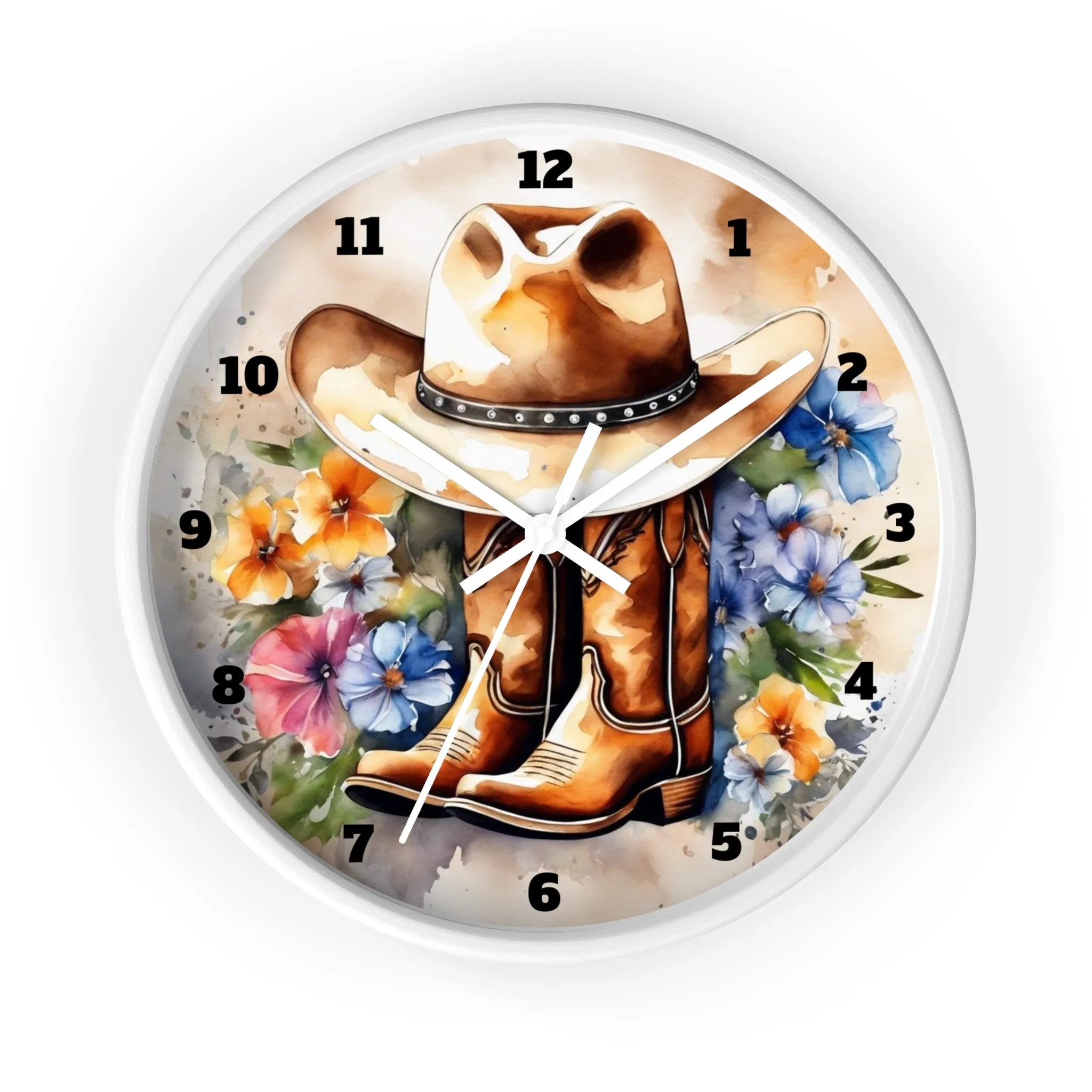 Rustic Cowboy Hat and Boots Watercolor Wall Clock, Western Wall Clock, Country Wall Clock