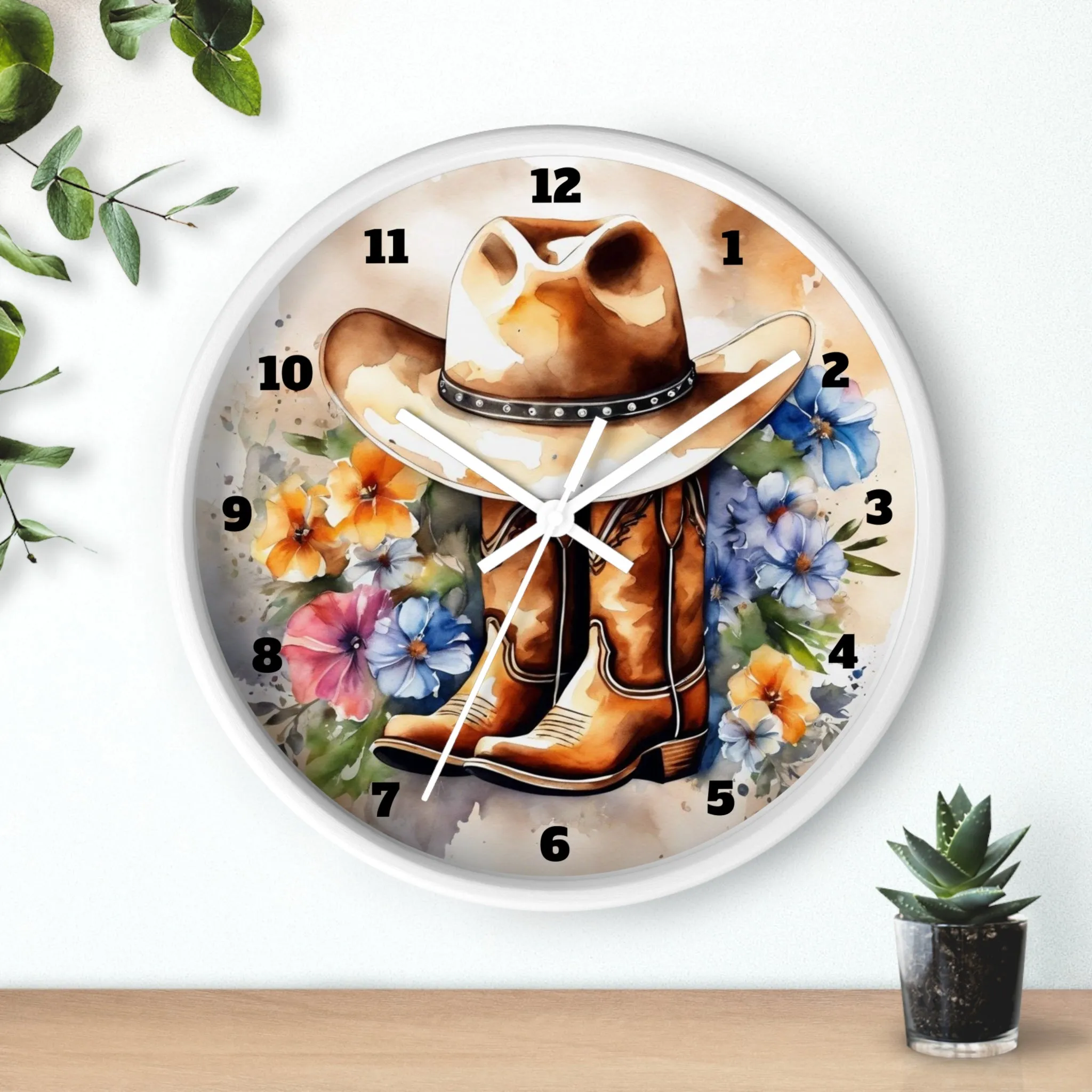 Rustic Cowboy Hat and Boots Watercolor Wall Clock, Western Wall Clock, Country Wall Clock