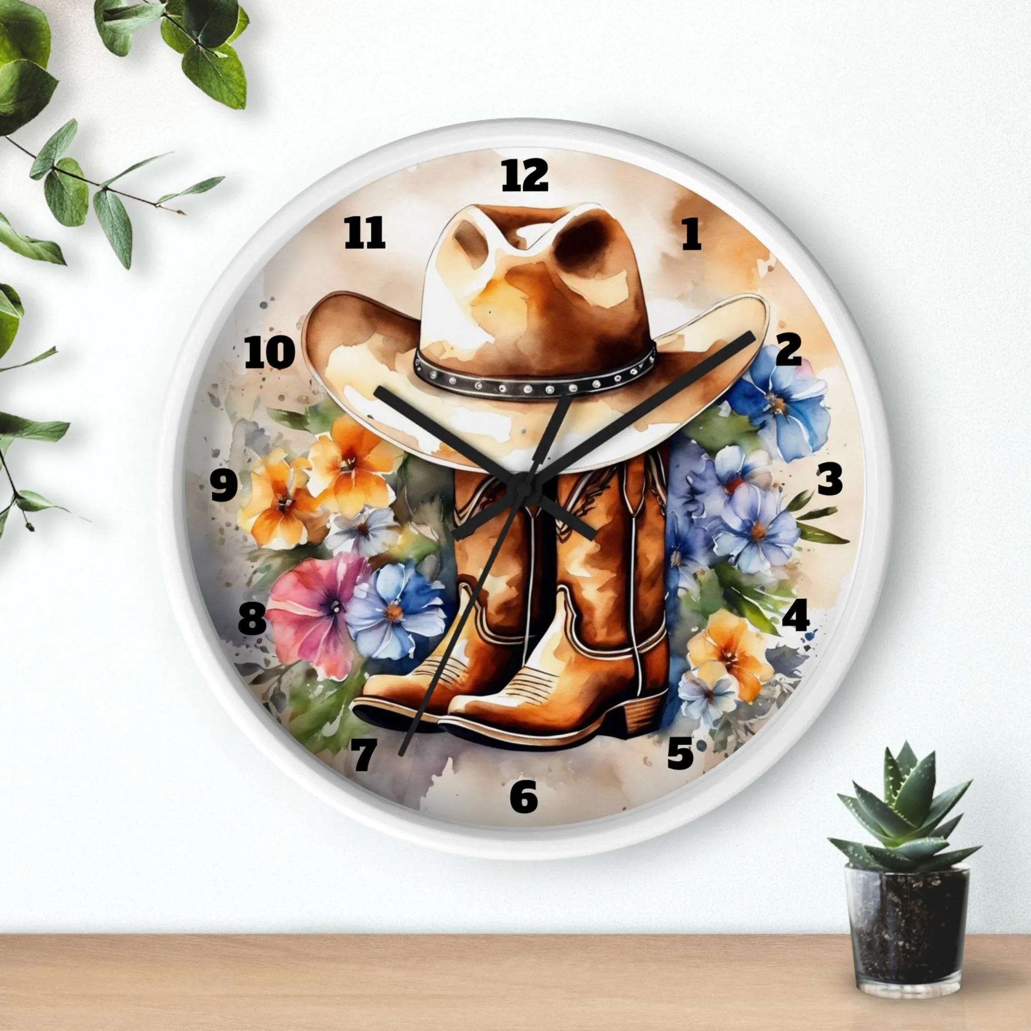 Rustic Cowboy Hat and Boots Watercolor Wall Clock, Western Wall Clock, Country Wall Clock