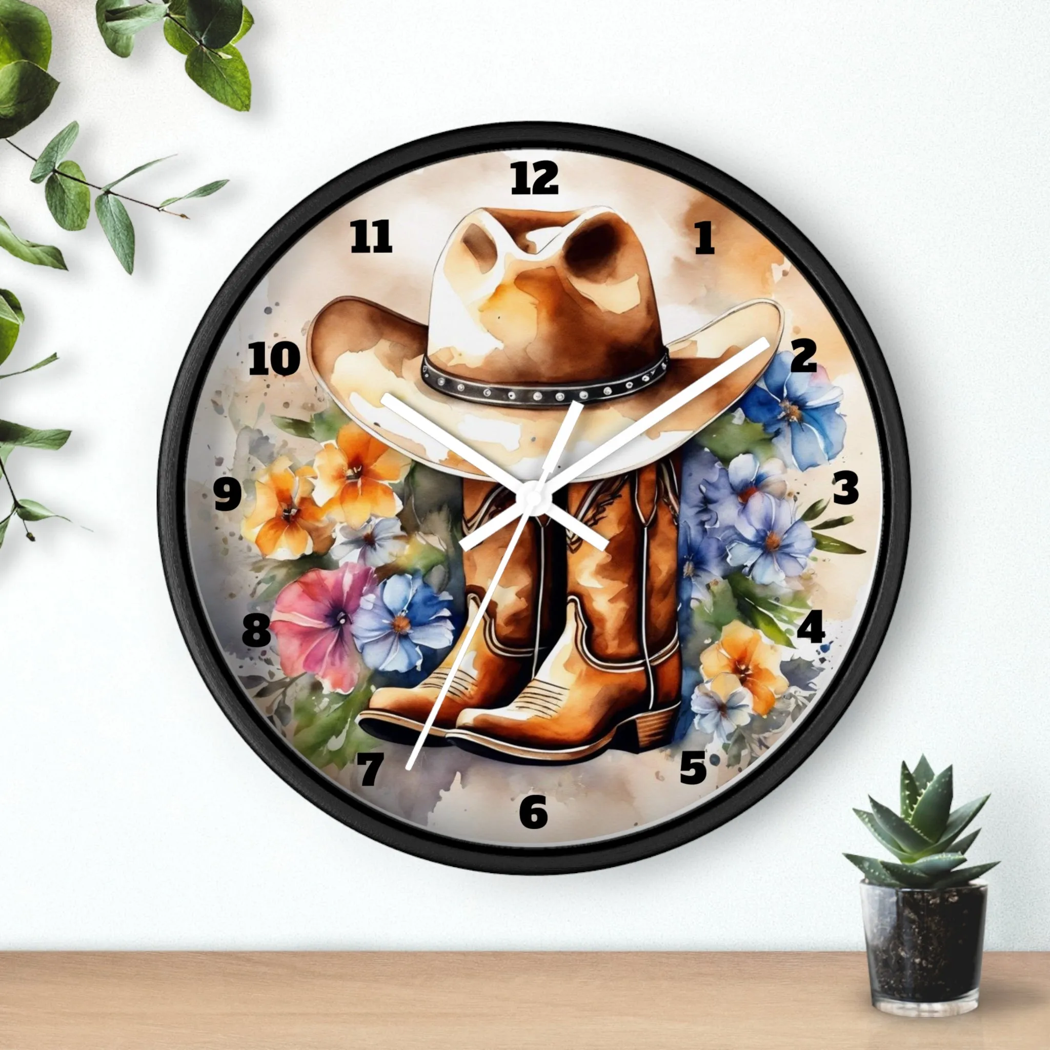 Rustic Cowboy Hat and Boots Watercolor Wall Clock, Western Wall Clock, Country Wall Clock