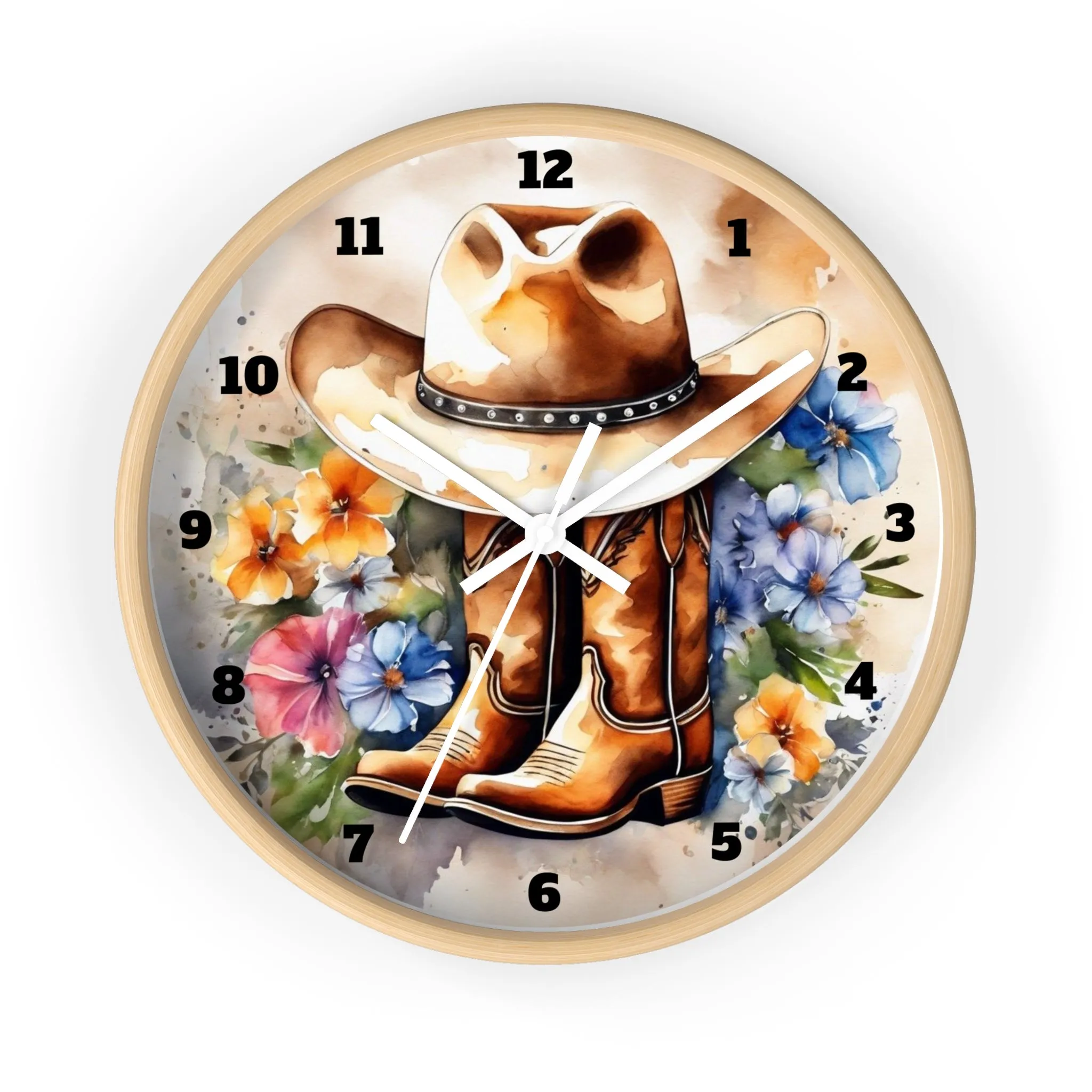 Rustic Cowboy Hat and Boots Watercolor Wall Clock, Western Wall Clock, Country Wall Clock