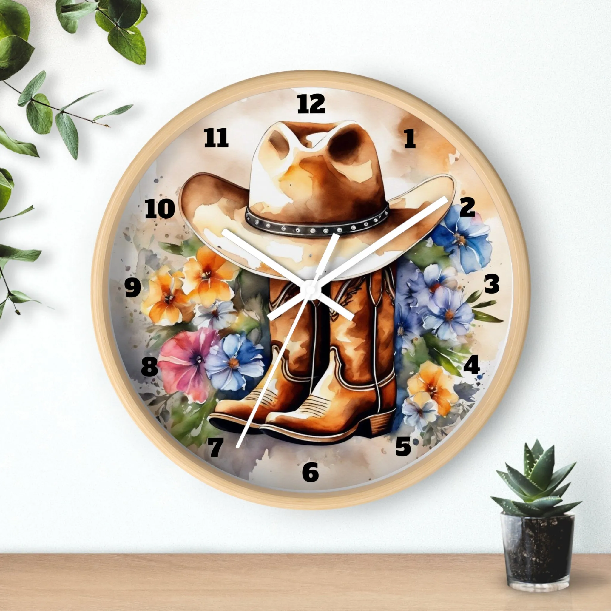 Rustic Cowboy Hat and Boots Watercolor Wall Clock, Western Wall Clock, Country Wall Clock