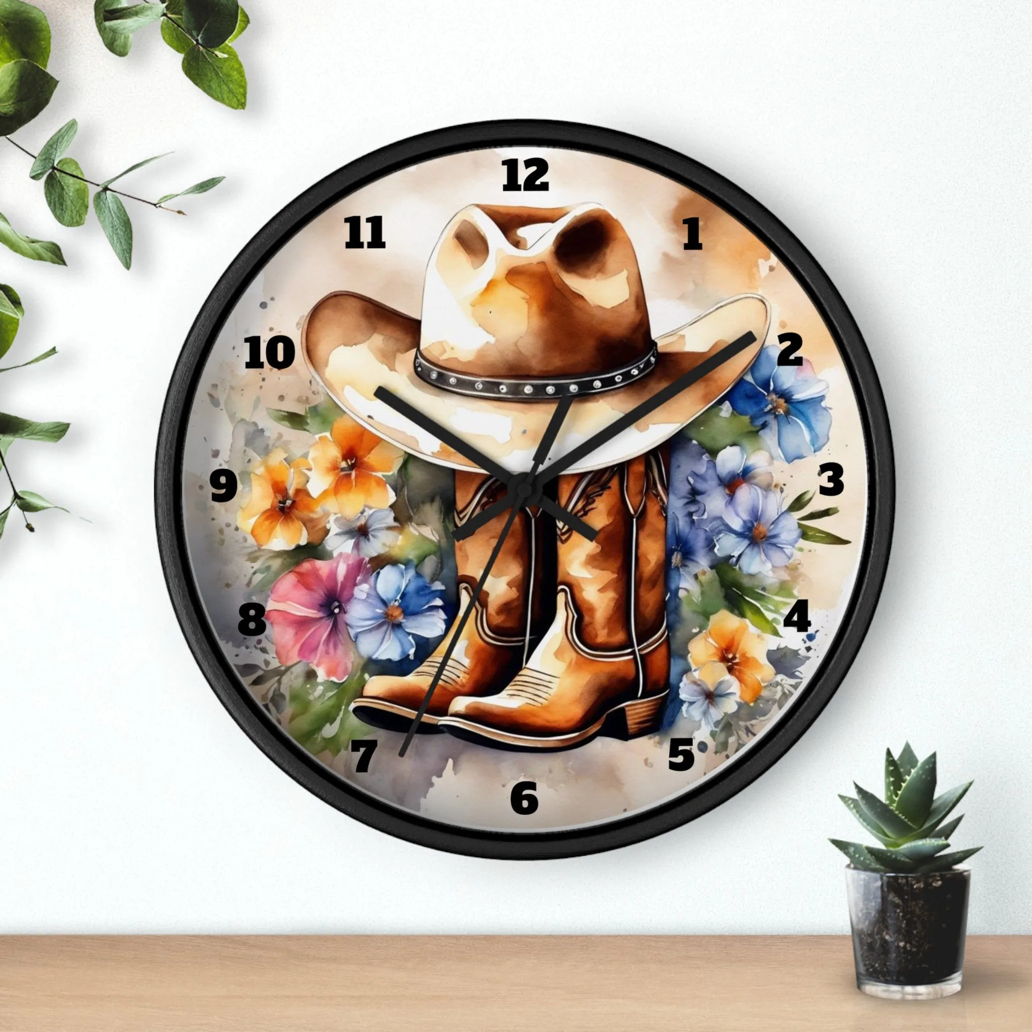 Rustic Cowboy Hat and Boots Watercolor Wall Clock, Western Wall Clock, Country Wall Clock