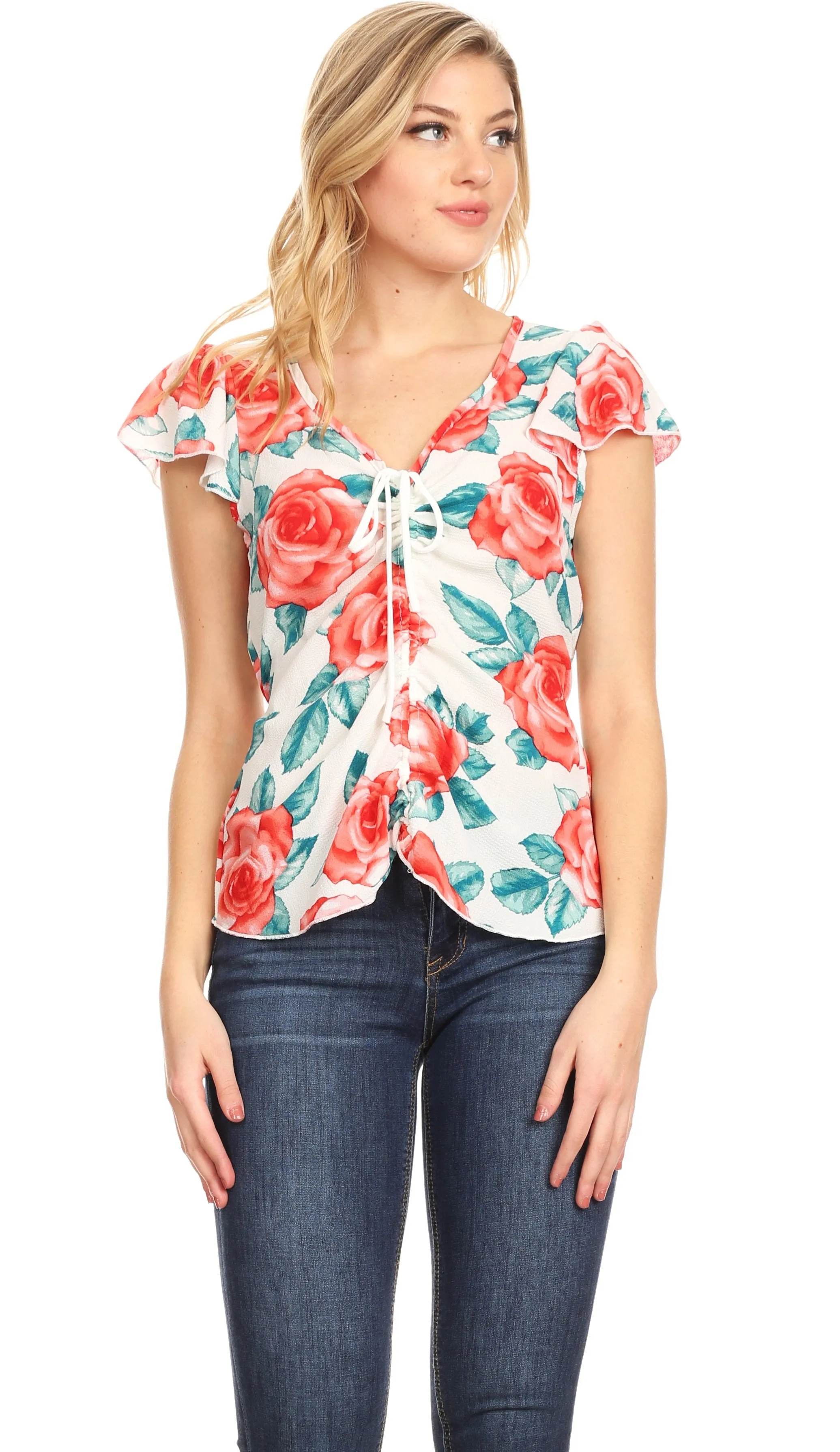 Sakkas Ain Womens Short Sleeve V neck Floral Print Blouse Top Shirt with Ties