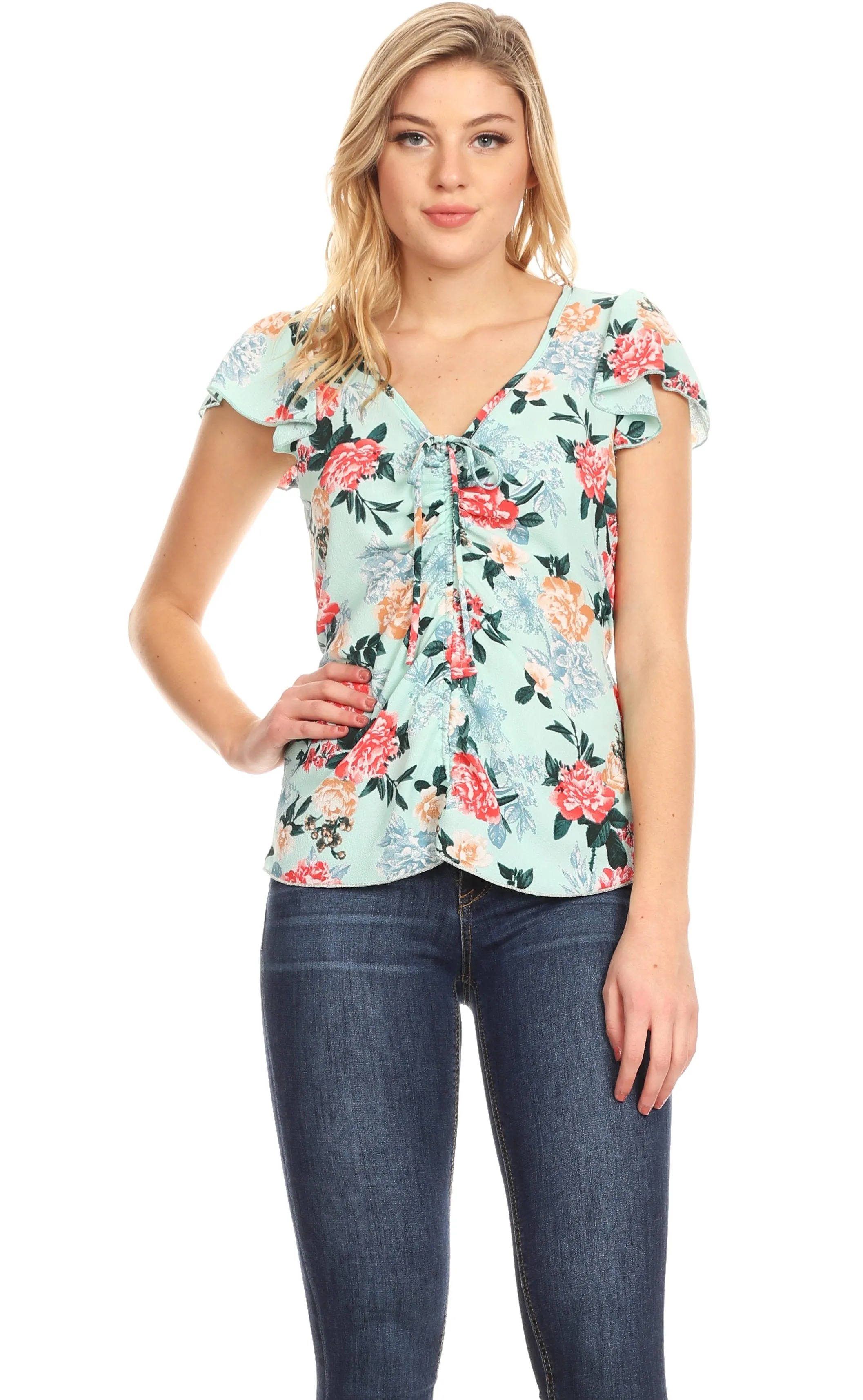 Sakkas Ain Womens Short Sleeve V neck Floral Print Blouse Top Shirt with Ties