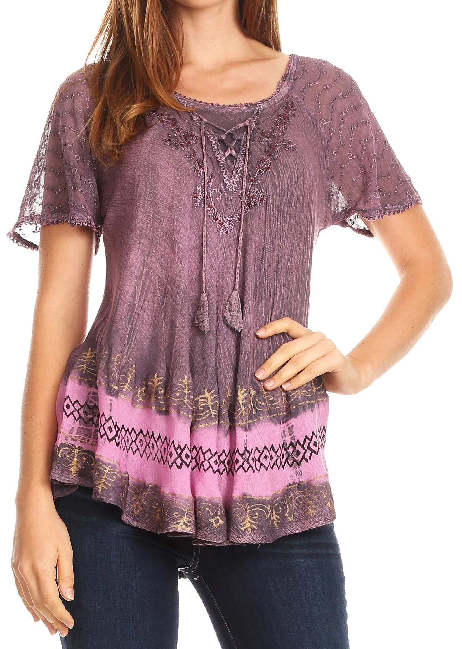 Sakkas Diane Short Sleeve Slim Top Blouse with Sequin Embroidery & Golden Print