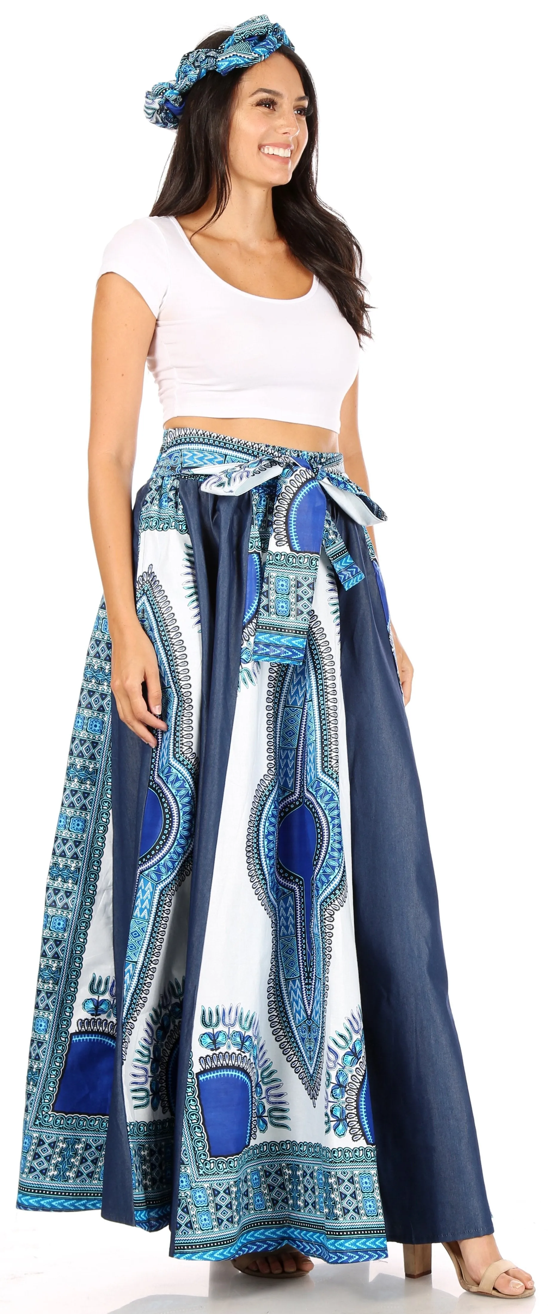 Sakkas Elif Women's Long Maxi African Ankara Print Skirt Elastic Waist & Pockets