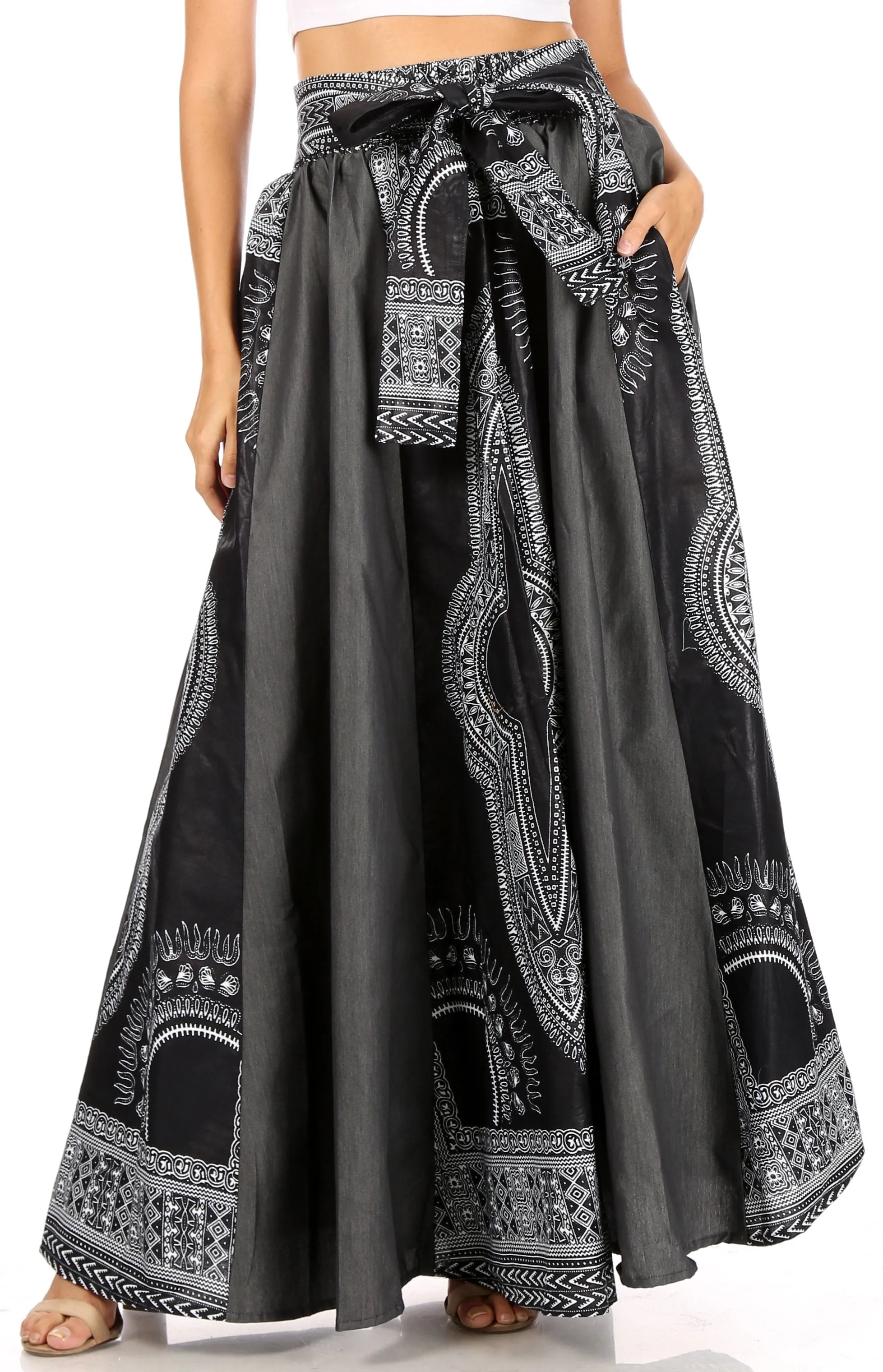 Sakkas Elif Women's Long Maxi African Ankara Print Skirt Elastic Waist & Pockets