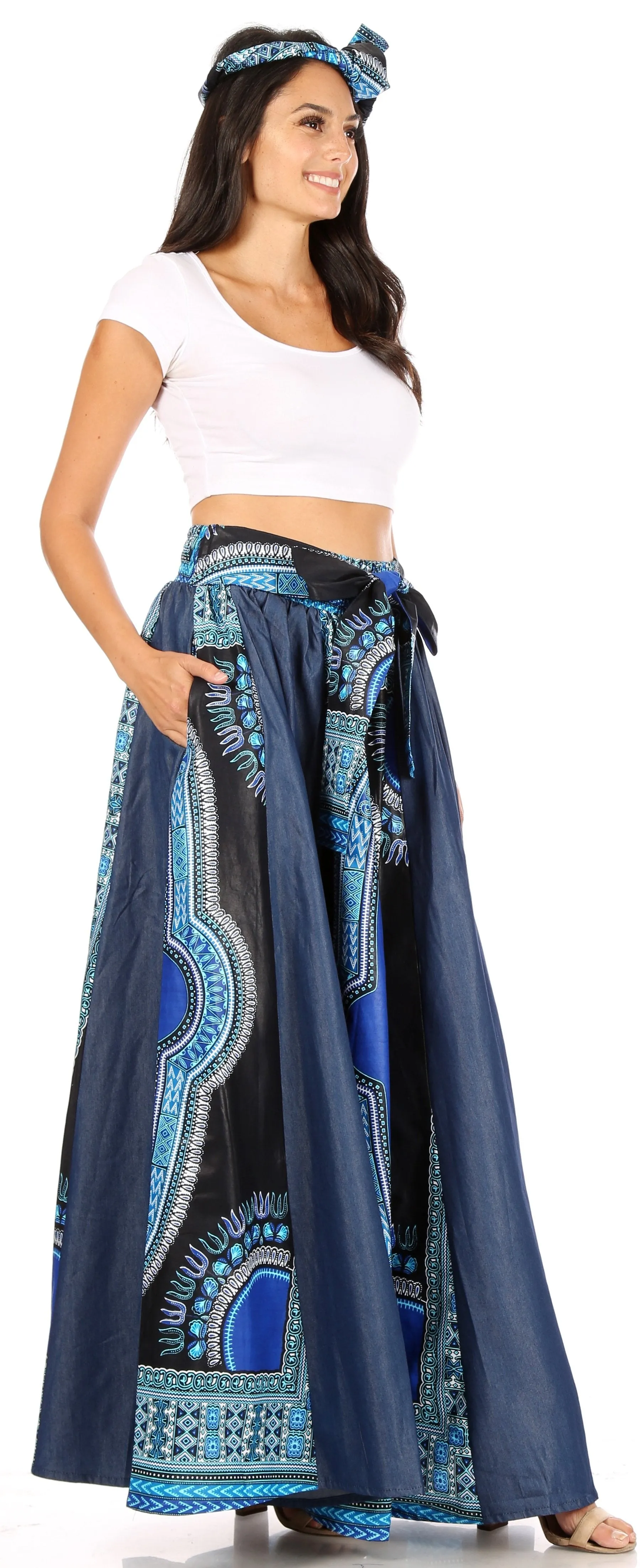 Sakkas Elif Women's Long Maxi African Ankara Print Skirt Elastic Waist & Pockets