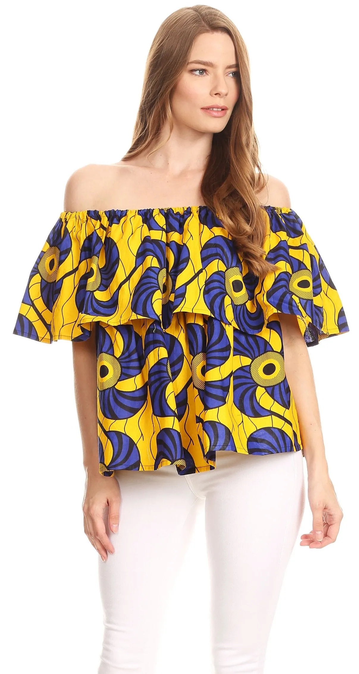 Sakkas Imani Colorful Wax African Ankara Dutch Off-shoulder Blouse Top Gorgeous