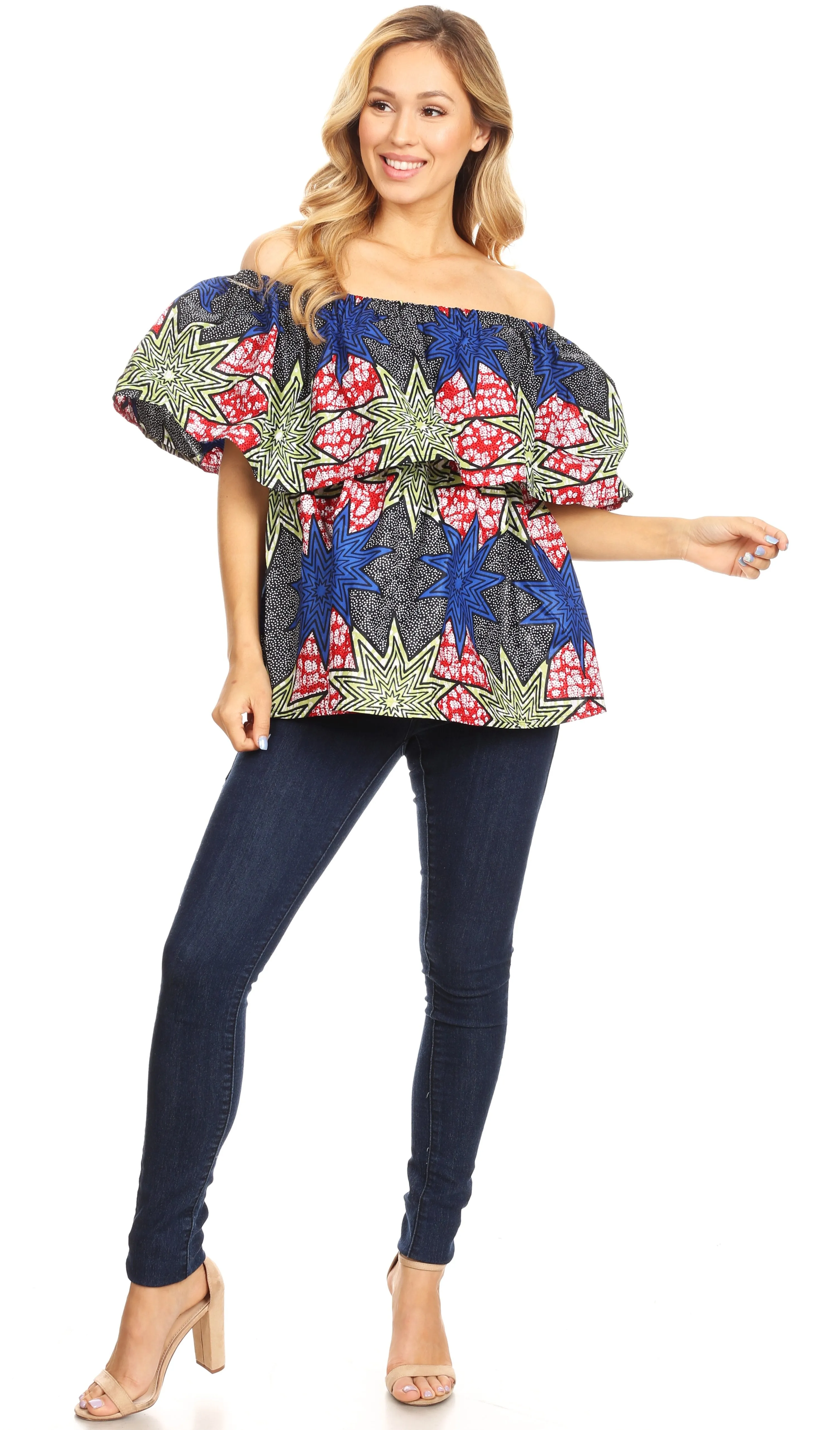 Sakkas Imani Colorful Wax African Ankara Dutch Off-shoulder Blouse Top Gorgeous