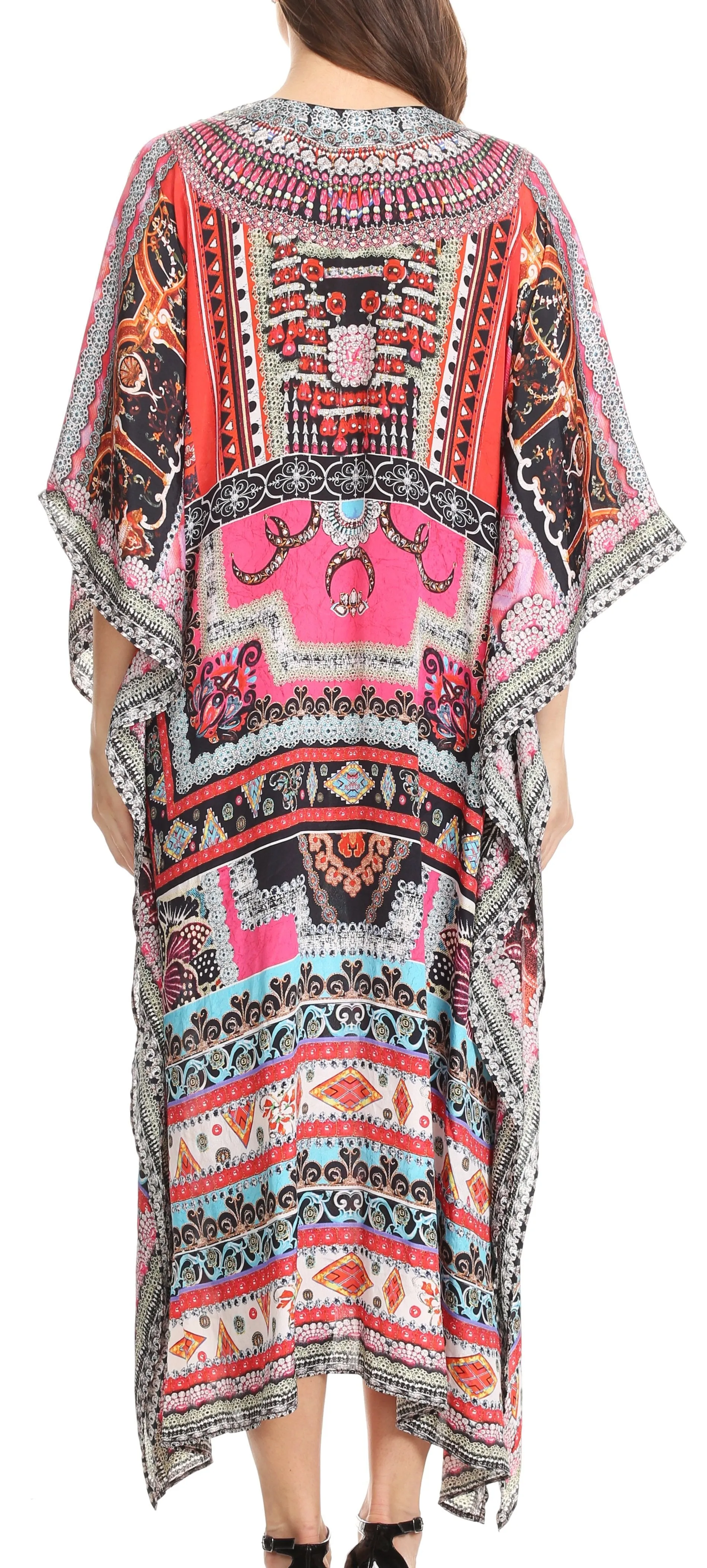 Sakkas Imani V-neck Silky Lightweight Colorful Flowy Rhinestone Kaftan / Cover Up