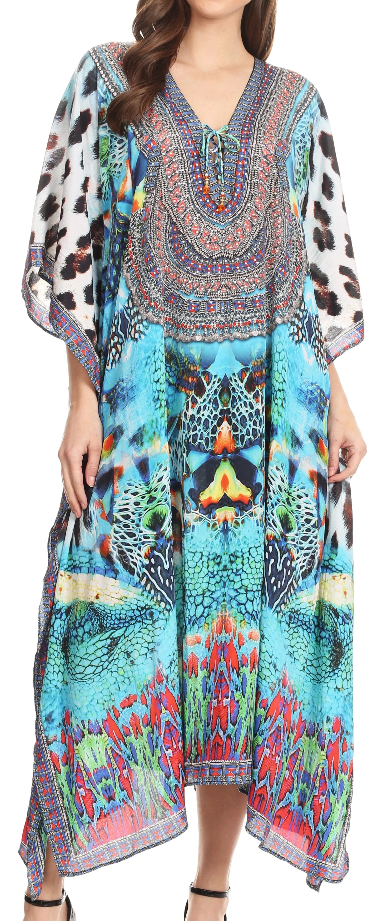 Sakkas Imani V-neck Silky Lightweight Colorful Flowy Rhinestone Kaftan / Cover Up