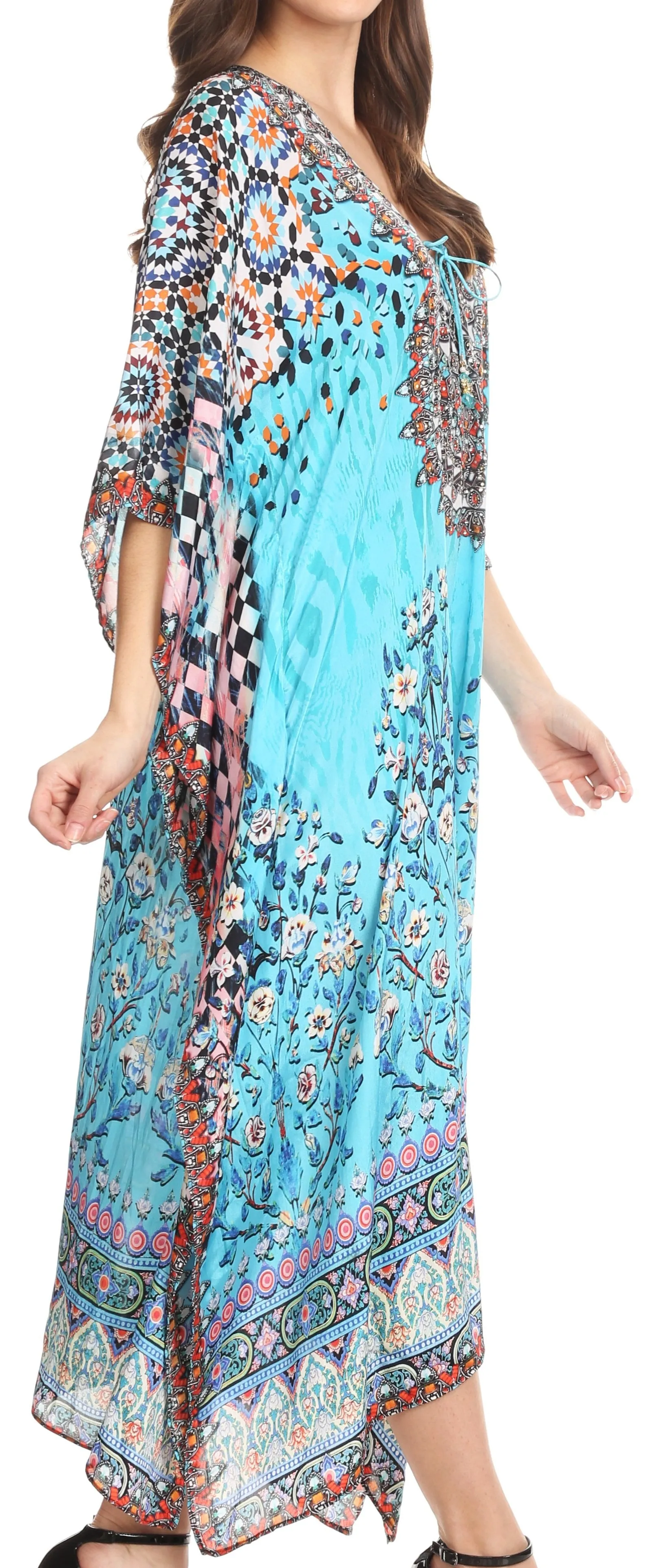 Sakkas Imani V-neck Silky Lightweight Colorful Flowy Rhinestone Kaftan / Cover Up